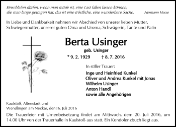 Traueranzeige von Berta Usinger von  Kreisanzeiger