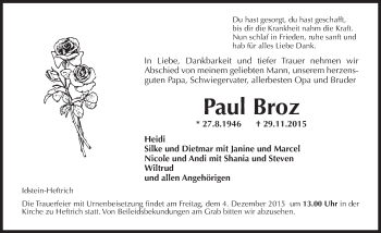 Traueranzeige von Paul Broz von  Idsteiner Zeitung