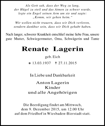 Traueranzeige von Renate Lagerin von  Wiesbaden komplett