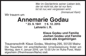 Traueranzeige von Annemarie Godau von  Rheingau