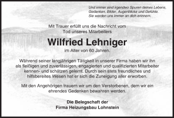 Traueranzeige von Wilfried Lehniger von  Usinger Anzeiger