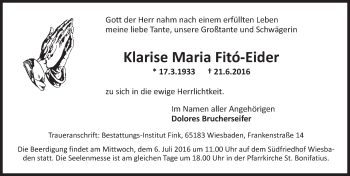 Traueranzeige von Klarise Maria Fitó-Eider von Trauerportal Rhein Main Presse