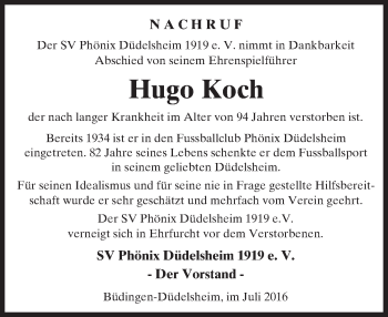 Traueranzeige von Hugo Koch von  Kreisanzeiger