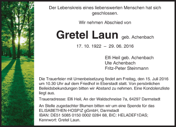 Traueranzeige von Gretel Laun von Trauerportal Echo Online