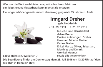 Traueranzeige von Irmgard Dreher von Trauerportal Echo Online