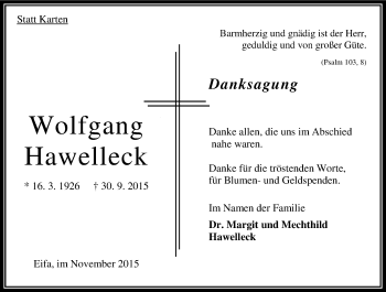 Traueranzeige von Wolfgang Hawelleck von  OK Oberhessen Kurier