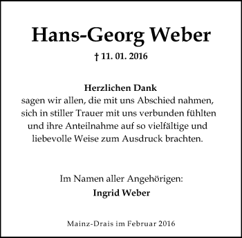 Traueranzeige von Hans-Georg Weber von  Allgemeine Zeitung Mainz