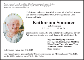 Traueranzeige von Katharina Sommer von  Gelnhäuser Tageblatt