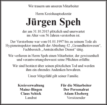 Traueranzeige von Jürgen Speh von  Bürstädter Zeitung