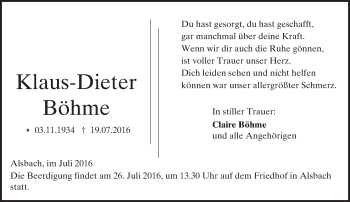 Traueranzeige von Klaus-Dieter Böhme von Trauerportal Echo Online