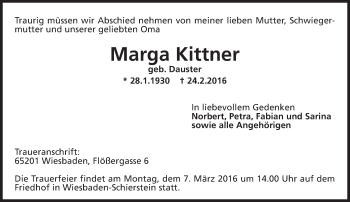 Traueranzeige von Marga Kittner von  Wiesbaden komplett