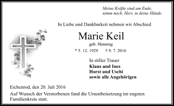 Traueranzeige von Marie Keil von VRM Trauer