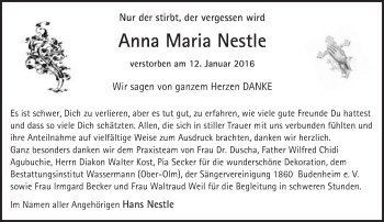 Traueranzeige von Anna Maria Nestle von  Allgemeine Zeitung Mainz