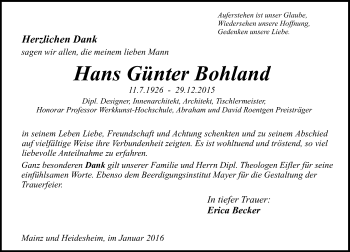 Traueranzeige von Hans Günter Bohland von  Allgemeine Zeitung Mainz