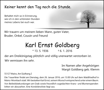 Traueranzeige von Karl Ernst Goldberg von  Allgemeine Zeitung Mainz