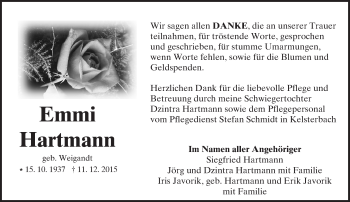Traueranzeige von Emmi Hartmann von  Mainspitze