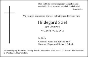 Traueranzeige von Hildegard Stief von  Wiesbaden komplett