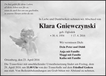 Traueranzeige von Klara Gniewczynski von  Sonntags Anzeiger