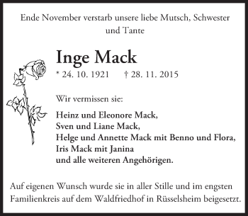 Traueranzeige von Inge Mack von  Mainspitze