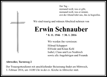 Traueranzeige von Erwin Schnauber von  Allg. Zeitung Bad Kreuznach