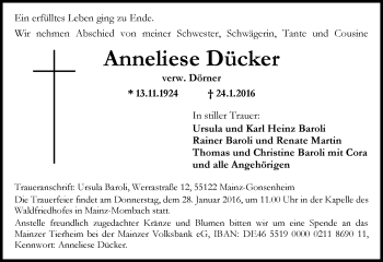 Traueranzeige von Anneliese Dücker von  Allgemeine Zeitung Mainz