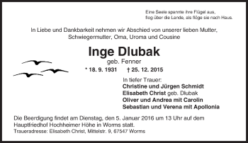 Traueranzeige von Inge Dlubak von  Wormser Zeitung