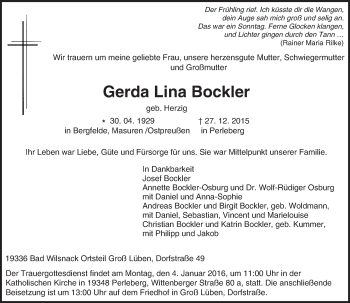 Traueranzeige von Gerda Lina Bockler von  Wiesbaden komplett