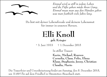 Traueranzeige von Elli Knoll von  Camberger Anzeiger