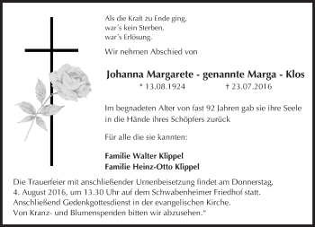 Traueranzeige von Johanna Margarete Klos von Trauerportal Rhein Main Presse