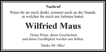 Traueranzeige von Wilfried Maus von VRM Trauer
