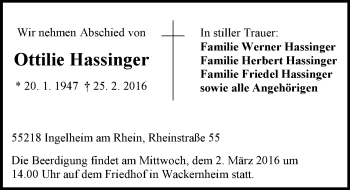 Traueranzeige von Ottilie Hassinger von  Allgemeine  Zeitung Ingelheim-Bingen