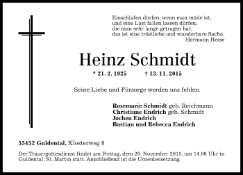 Traueranzeige von Heinz Schmidt von  Allg. Zeitung Bad Kreuznach