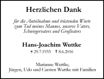 Traueranzeige von Hans-Joachim Wuttke von Trauerportal Echo Online