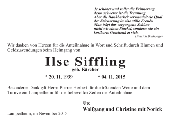 Traueranzeige von Ilse Siffling von  Bürstädter Zeitung