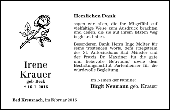 Traueranzeige von Irene Krauer von  Allg. Zeitung Bad Kreuznach