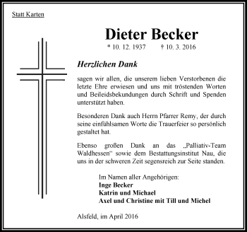 Traueranzeige von Dieter Becker von  OK Oberhessen Kurier