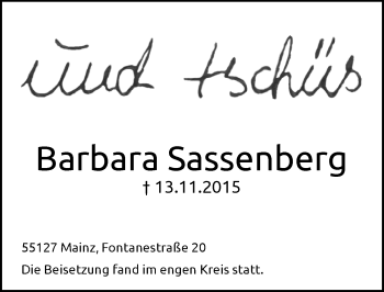 Traueranzeige von Barbara Sassenberg von  Allgemeine Zeitung Mainz