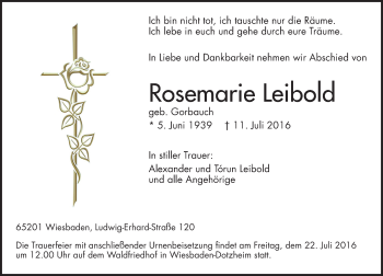 Traueranzeige von Rosemarie Leibold von Trauerportal Rhein Main Presse