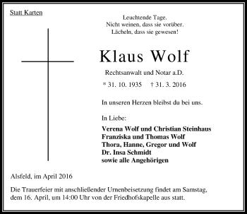 Traueranzeige von Klaus Wolf von VRM Trauer
