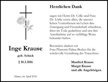 Traueranzeige von Inge Krause von  Allgemeine Zeitung Mainz