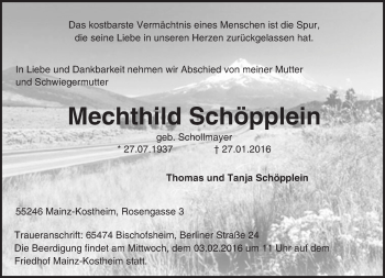Traueranzeige von Mechthild Schöpplein von  Allgemeine Zeitung Mainz