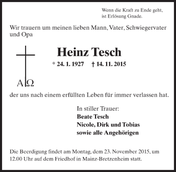 Traueranzeige von Heinz Tesch von  Allgemeine Zeitung Mainz