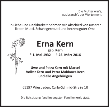 Traueranzeige von Erna Kern von  Wiesbaden komplett