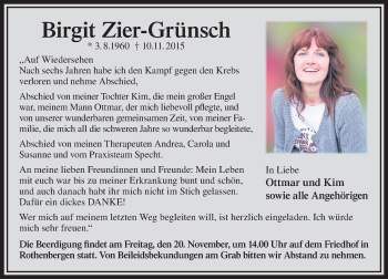Traueranzeige von Birgit Zier-Grünsch von  GT Extra