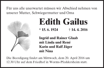 Traueranzeige von Edith Gailus von  Wormser Zeitung