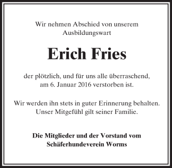 Traueranzeige von Erich Fries von  Wormser Zeitung
