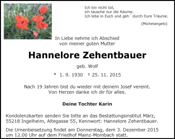 Traueranzeige von Hannelore Zehentbauer von  Allgemeine  Zeitung Ingelheim-Bingen