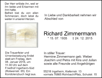 Traueranzeige von Richard Zimmermann von  Allgemeine  Zeitung Ingelheim-Bingen