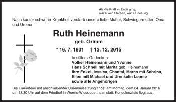 Traueranzeige von Ruth Heinemann von  Wormser Zeitung