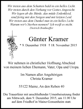 Traueranzeige von Günter Kramer von  Allgemeine Zeitung Mainz